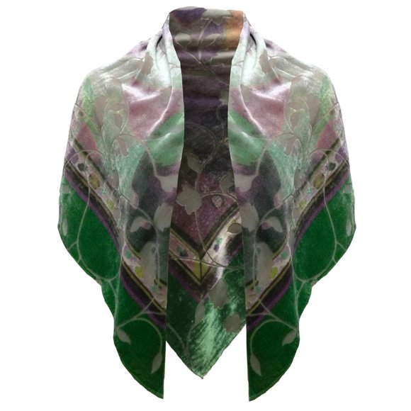 CHANEL, Accessories, Chanel Green Purple Leaf Design Square Scarfwrap